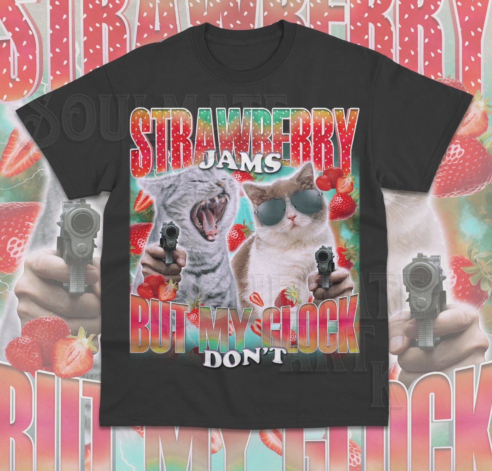Strawberry Jams But My Glock Don't Shirt Funny Cat Meme Unisex Sweater Soft Tee