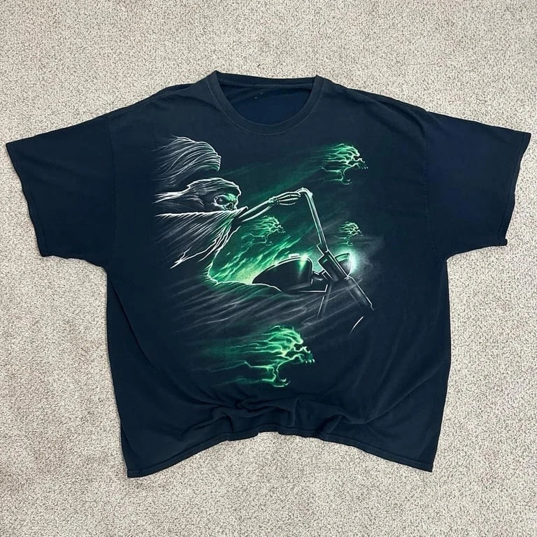 Y2K Grim Reaper Biker Graphic T-Shirt Black Green
