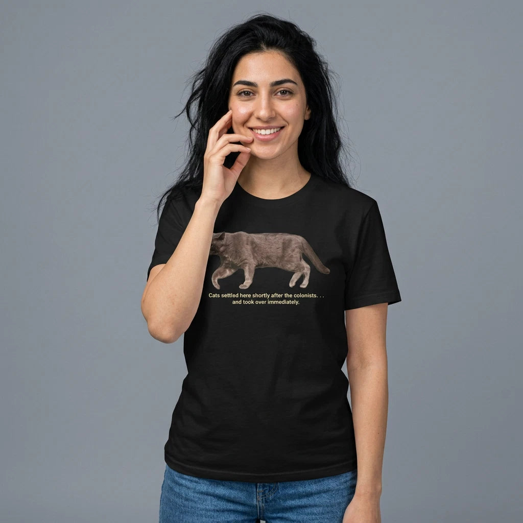 Cat Graphic Tee Funny Cat Lover Colonist History Humor Gildan Unisex Green Black