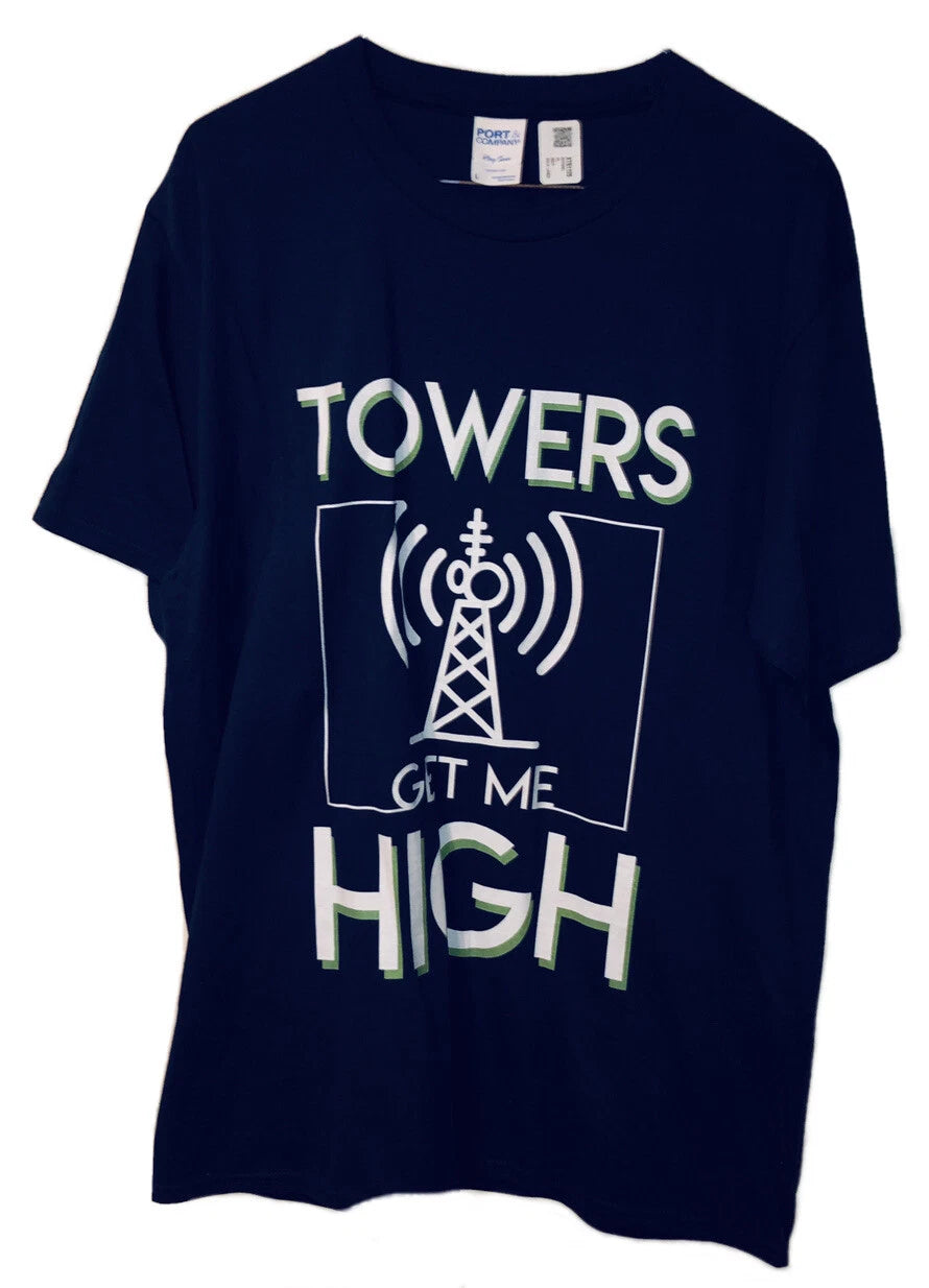 Towers Get Me High Novelty Funny T-Shirt Mens Size Large Navy Blue NWT