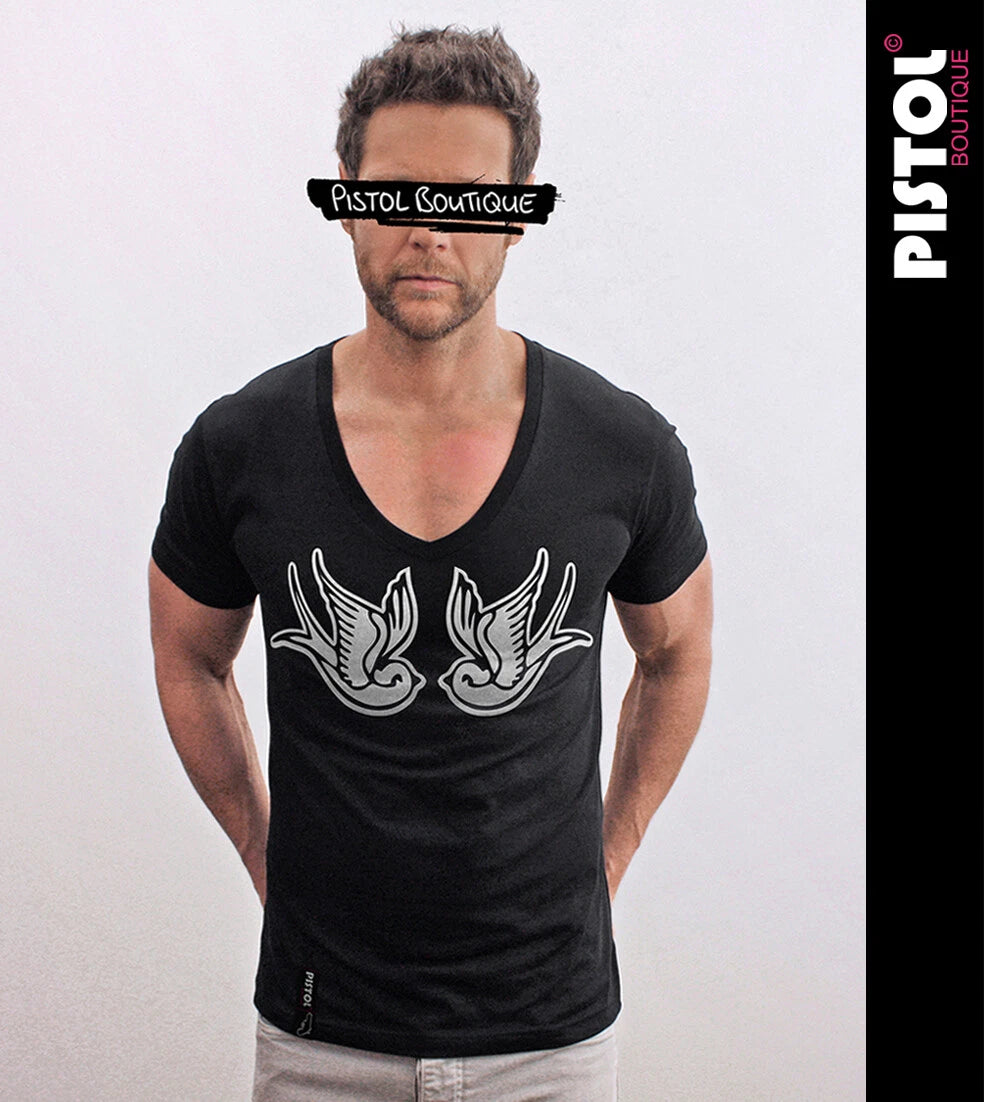 Pistol Boutique Men's Black Deep V Tattoo Swallows Fitted T-Shirt
