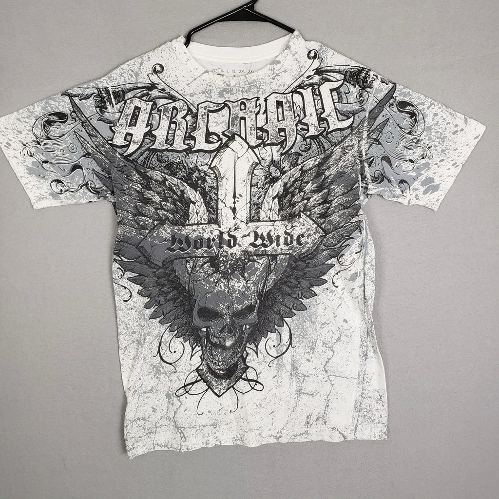 Affliction Archaic Size S Skull & Wings Graphic Tee Shirt White Y2K Alternative