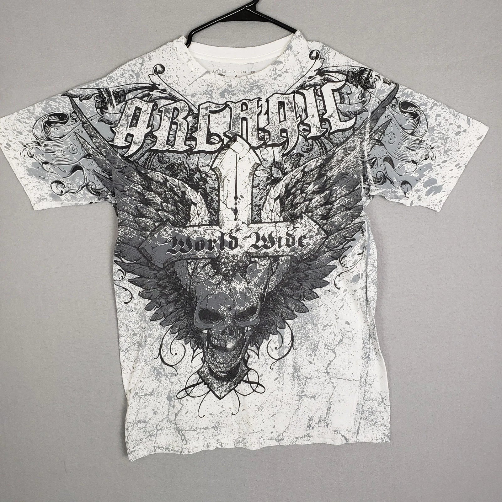 Affliction Archaic Size S Skull & Wings Graphic Tee Shirt White Y2K Alternative