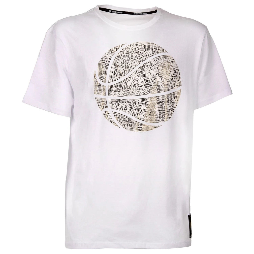 ROBERTO CAVALLI Sport Crystal Basketball Cotton T-Shirt White Gold