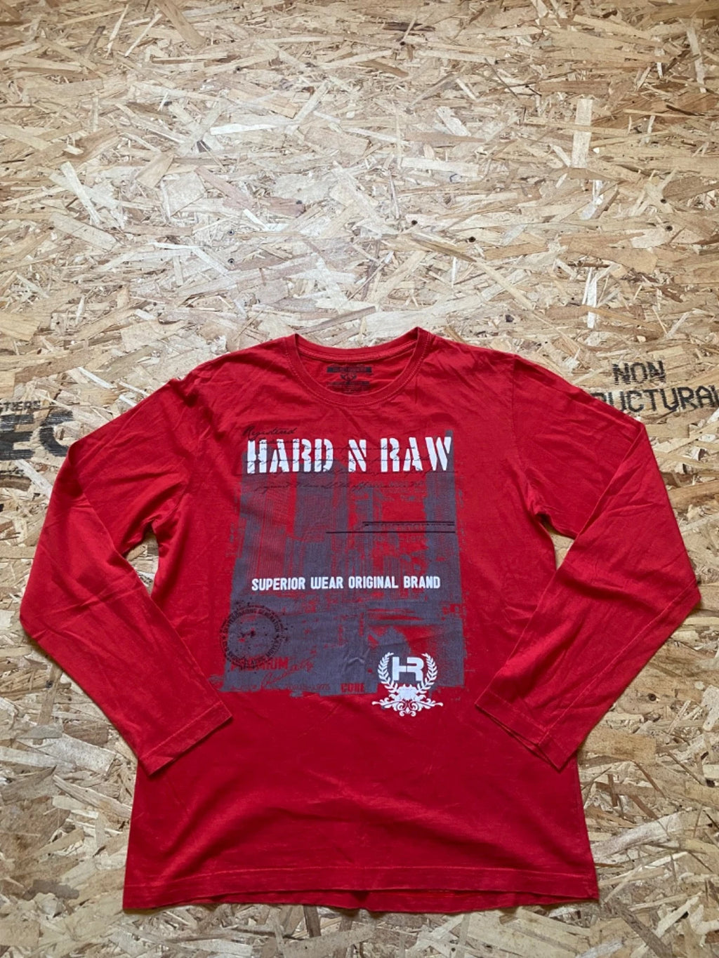 y2k Red "Hrd N Raw" Long sleeves Graphic shirt With a Medium ,Regular fit