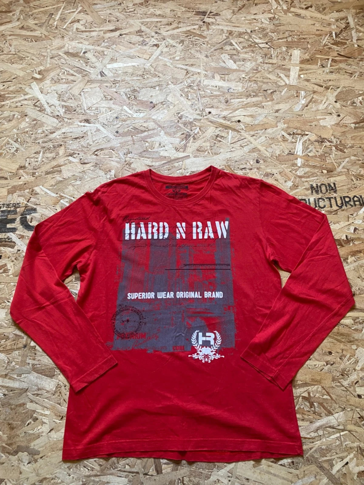 y2k Red "Hrd N Raw" Long sleeves Graphic shirt With a Medium ,Regular fit
