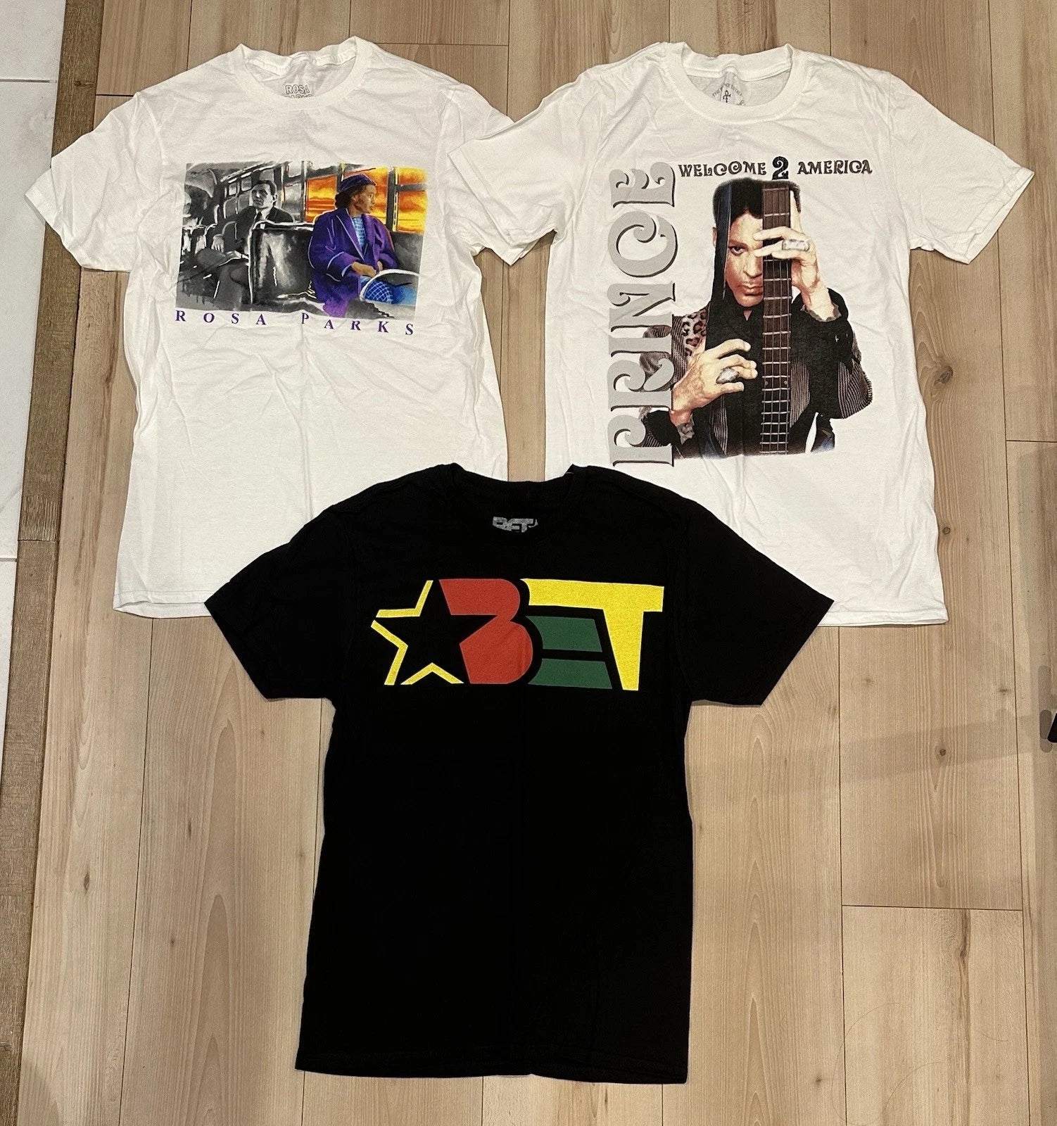 LOT OF 3 BET , Prince , Rosa Parks Adult Small (S) Tee Shirts Pop Art BRAND NEW