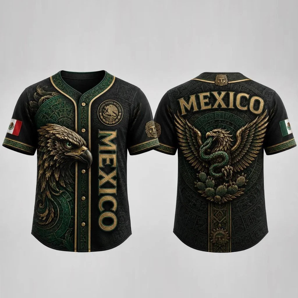 Aztec Eagle Mexico Baseball Jersey, Black Gold Mexican Pride Shirt