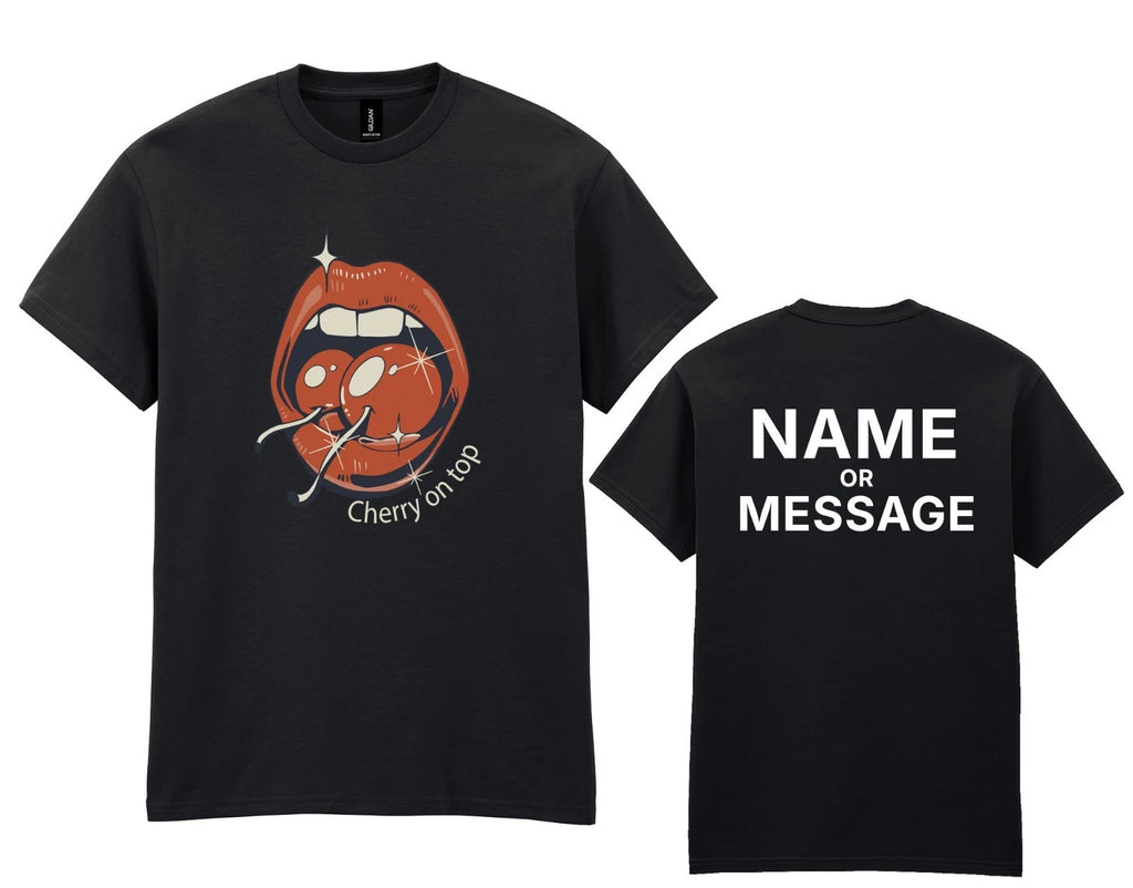 Retro Cherry Lips T-Shirt – Pop Art Graphic – Personalised Name or Message Tee