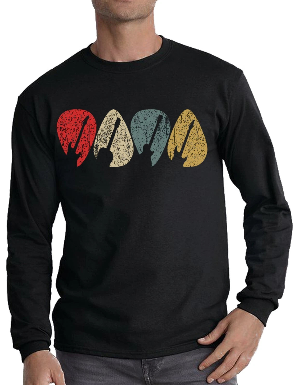 Guitar Picks Mens Long Sleeve T-Shirt Rock Metal Band Music Chrictmas Gift Top