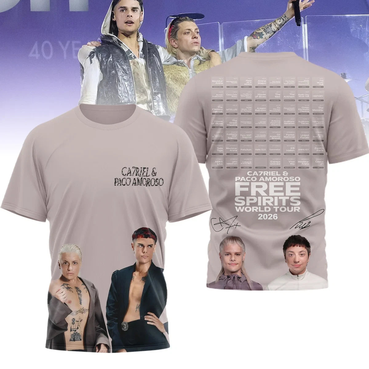 CA7RIEL & PACO AMOROSO Free Spirits World Tour 2026 Signed AOP T-Shirt