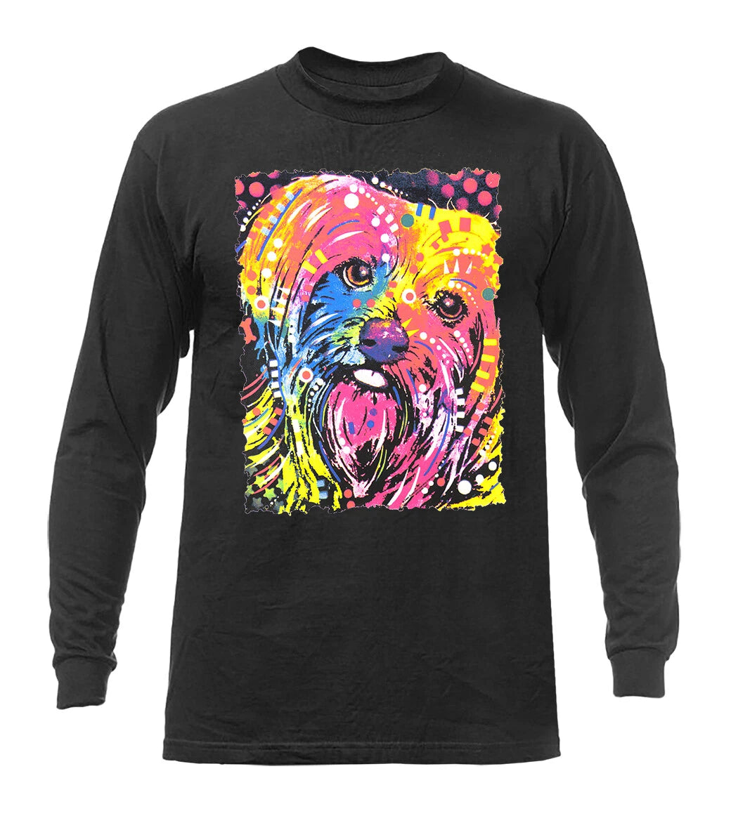 Pop Art Yorkie Dog Neon Rainbow Dog Face Long Sleeve T-Shirt