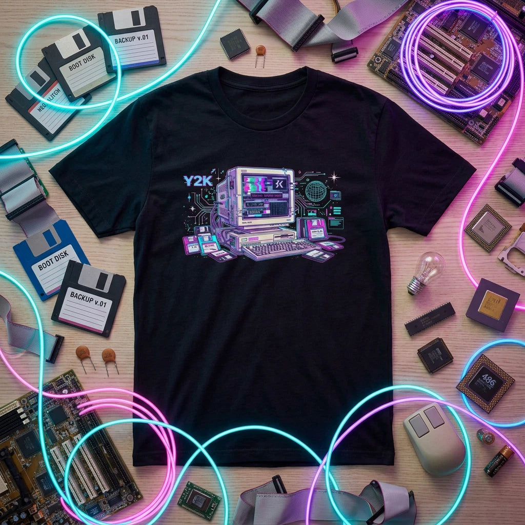 Retro Y2K Glitch Art Computer T-Shirt Vintage Tech Graphic Tee Men Women Black