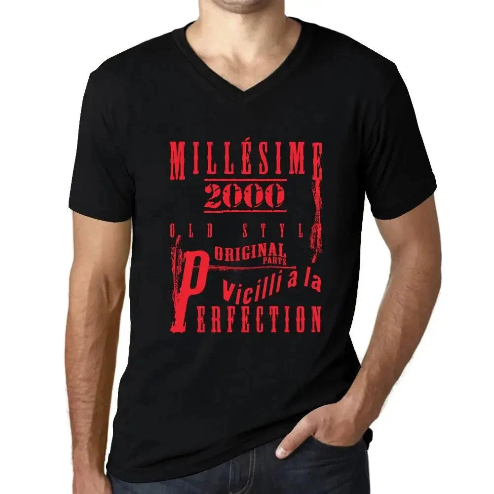Men's Graphic T-Shirt V Neck Vintage Aged to Perfection 2000 – Millésime Vieilli