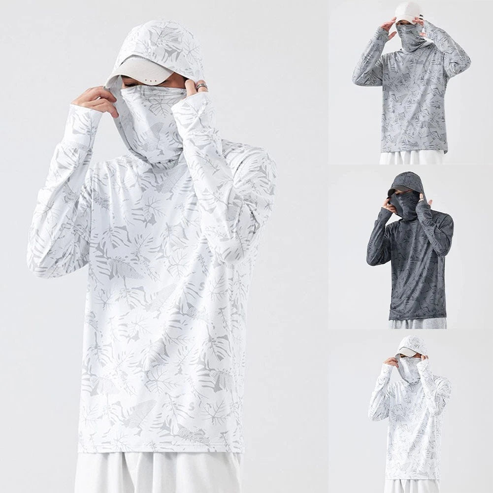 Fishing T-Shirt for Men UV Protective Hooded Top with High Neck Design