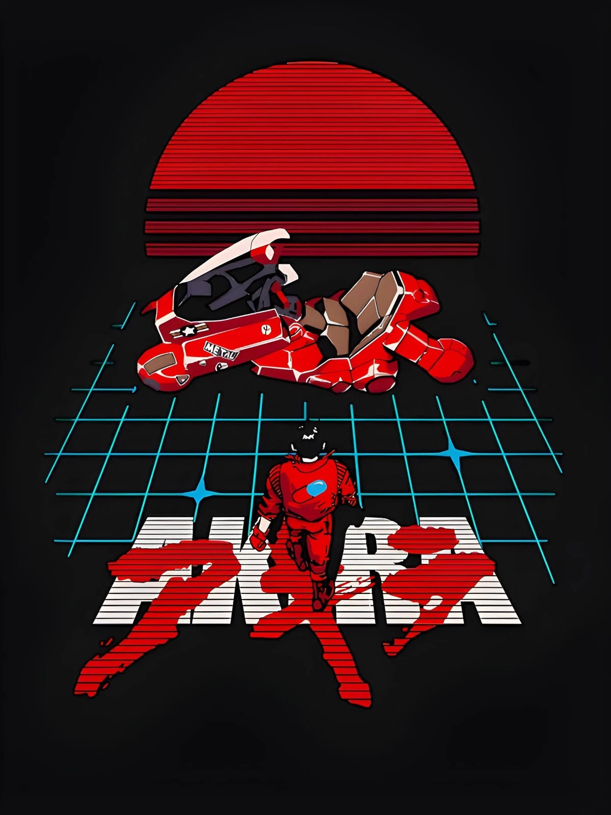 AKIRA Anime Movie | Red Mecha Racing T-Shirt | Vaporwave Sunset Grid