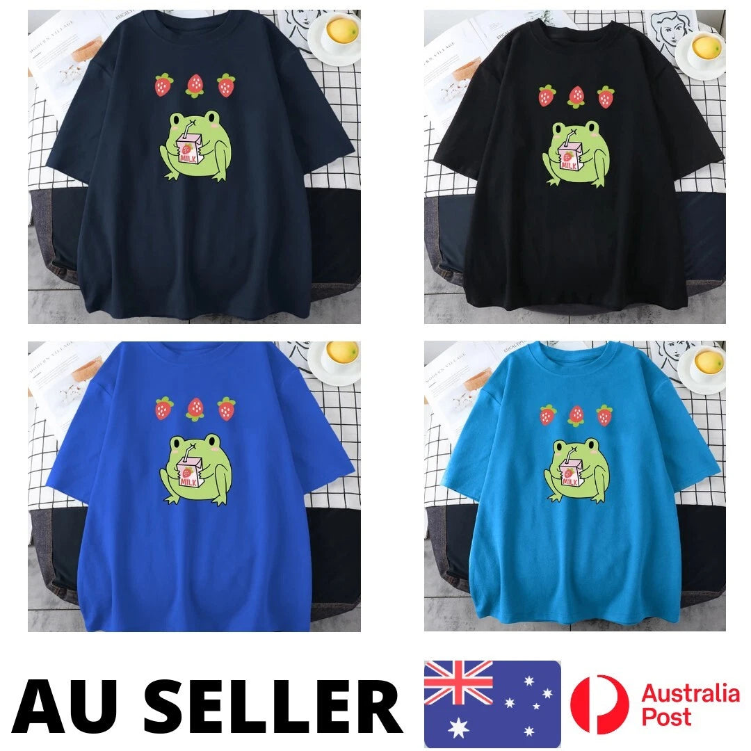 Green Frog Shirt Who Loves Drinking Strawberry Milk Men Kawaii Street- AU Stock
