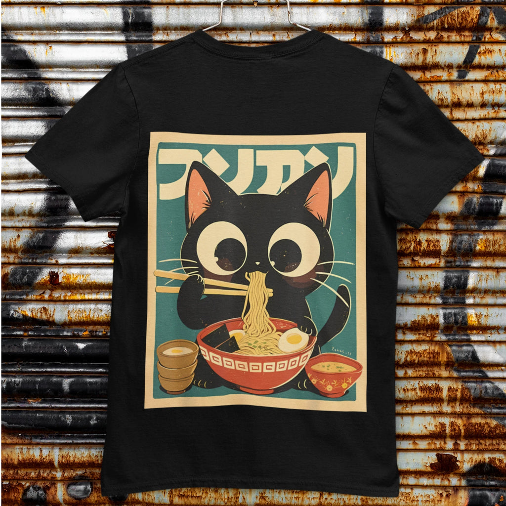 Cute Black Cat Eating Ramen Shirt Kawaii Anime Japanese Food Tee Back Print