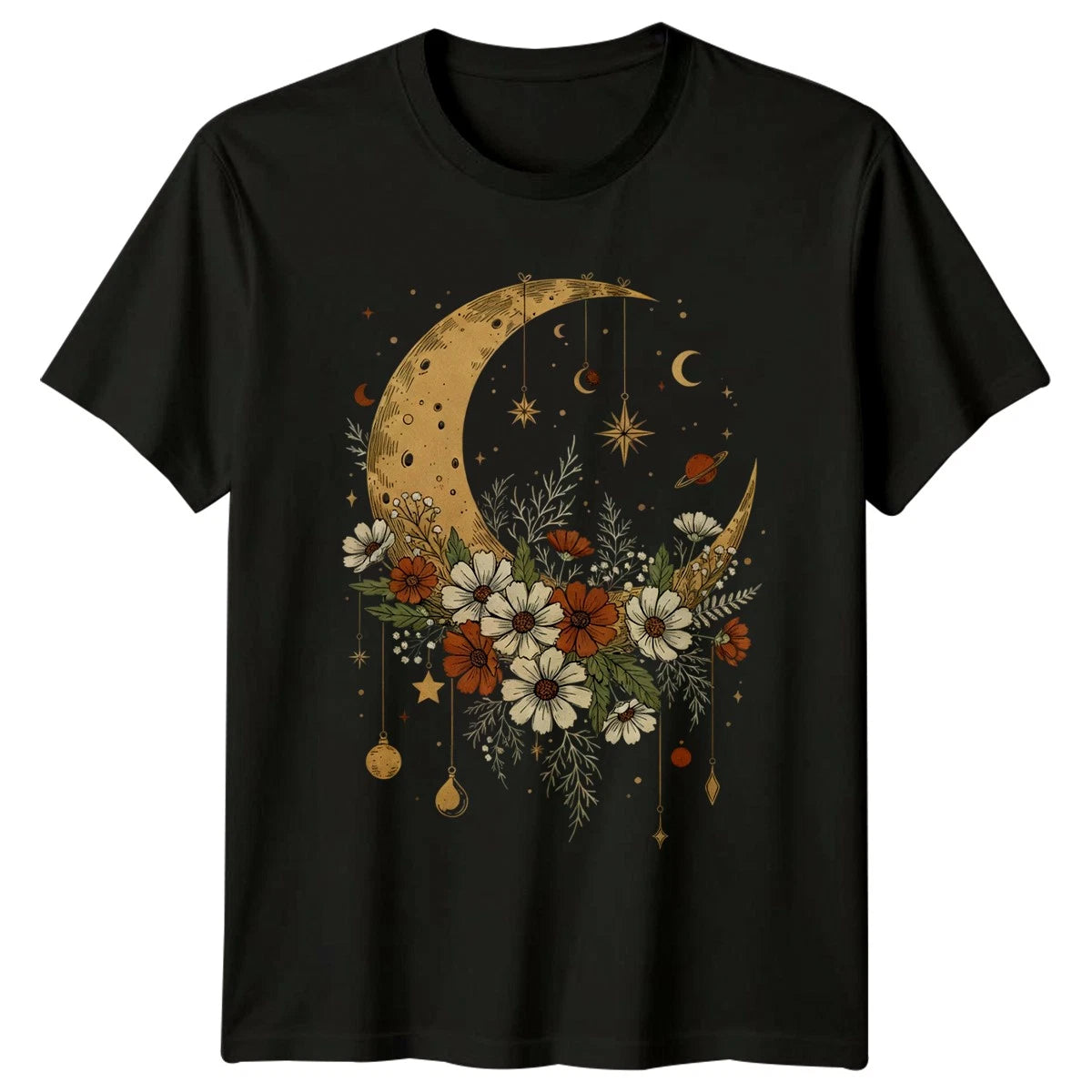 Mystical Celestial Moon Floral Art T-Shirt Boho Celestial Art Birthday Gift