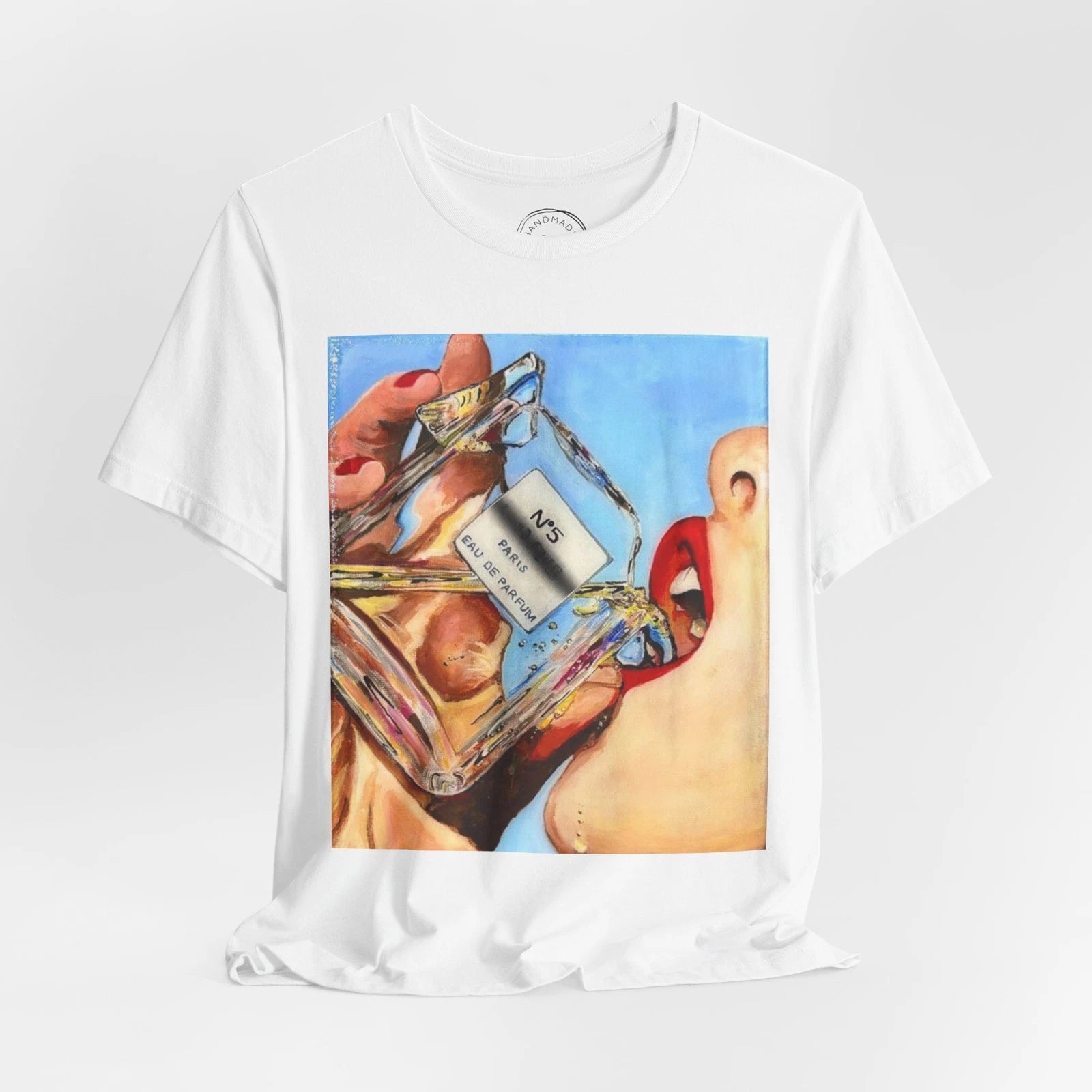 Perfume Bottle Sip T-Shirt | Pop Art Cosmetic Illustration, Lipstick Close-Up
