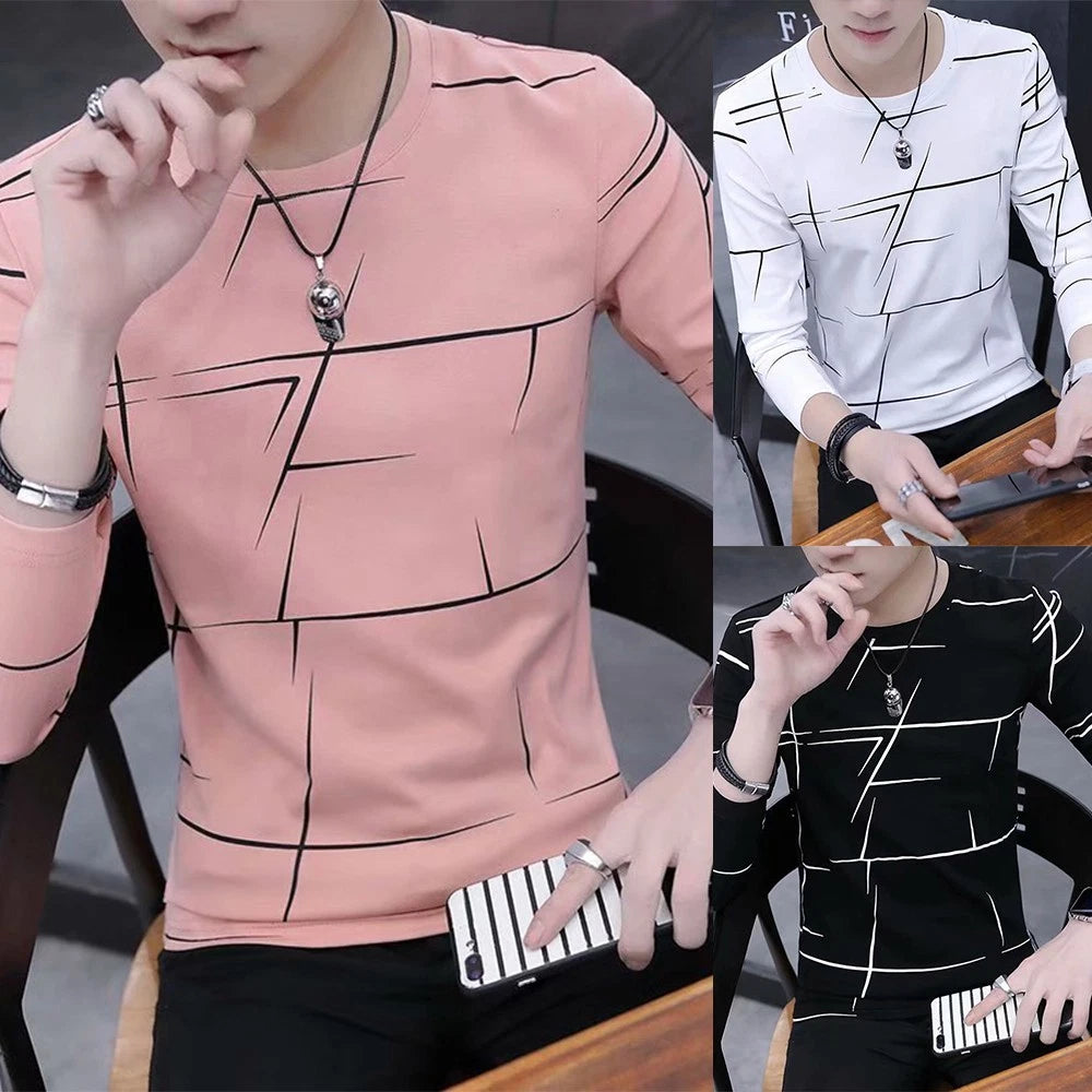 Hot New Men T-Shirt Blouse Long Sleeve Crew Neck Mess Printed Muscle Top
