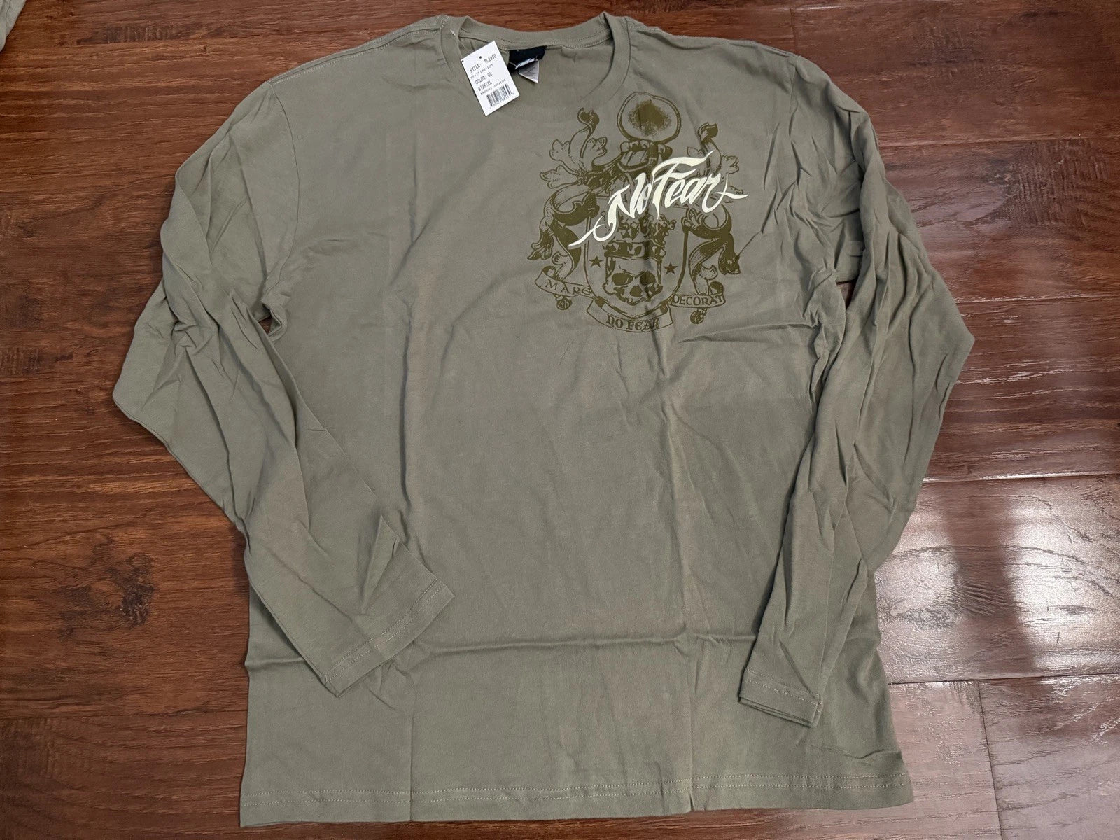 No Fear Tshirt Men's XL Y2K 90s Style Vintage No Fear Skull L/S Tee Green BNWT