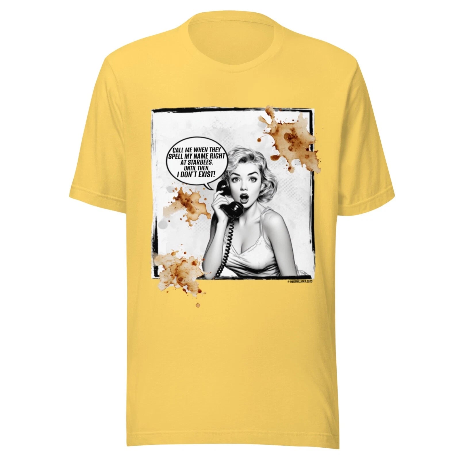 vintage COFFEE SHIRT - FUNNY  - POP ART WOMAN - ALL SIZES- YELLOW