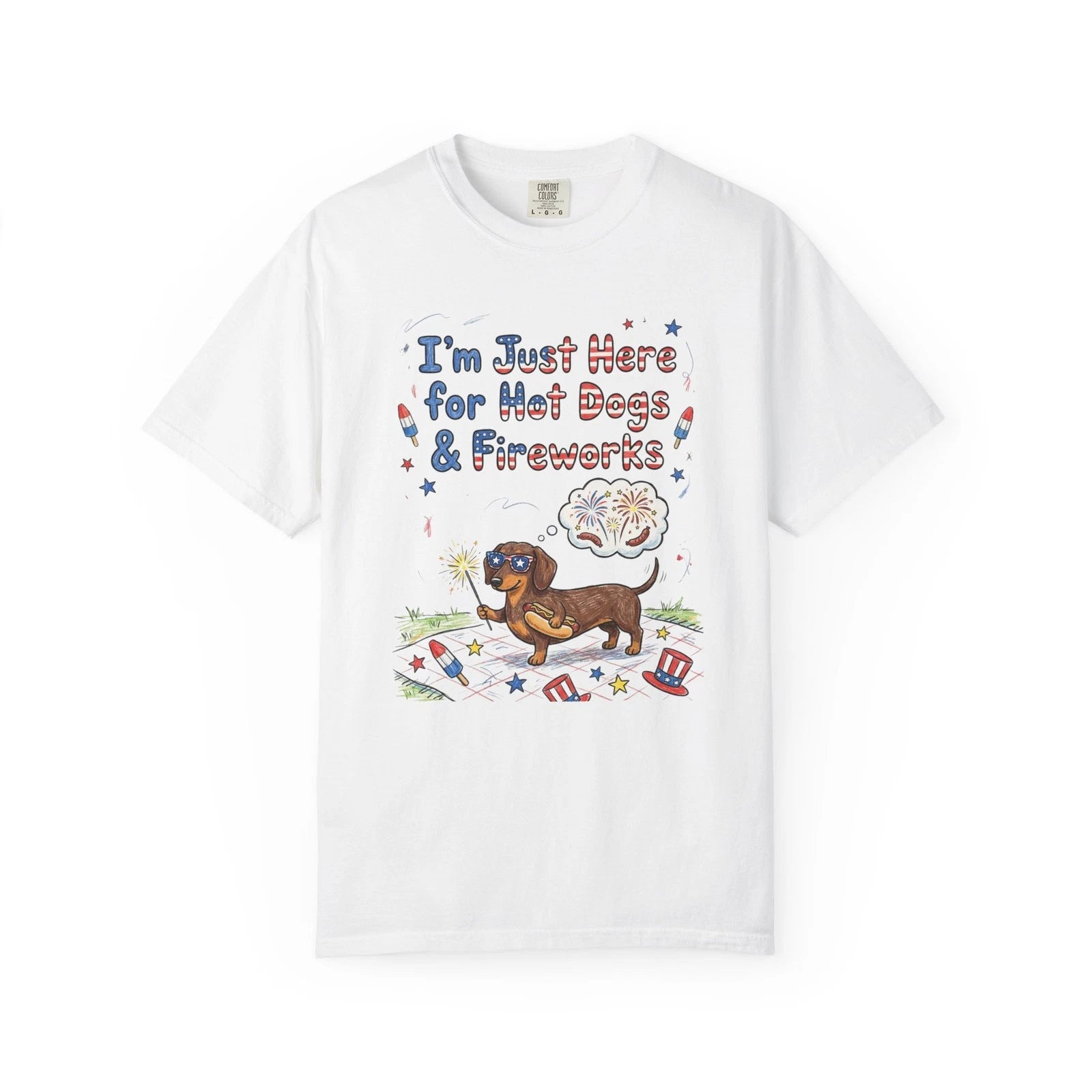 Hot Dogs & Fireworks Dachshund T-Shirt | Fourth of July Tee, Cotton, Funny
