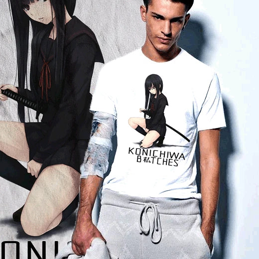 Anime T-Shirt Samurai sword Konichiwa greeting japanese martial arts samurai tee