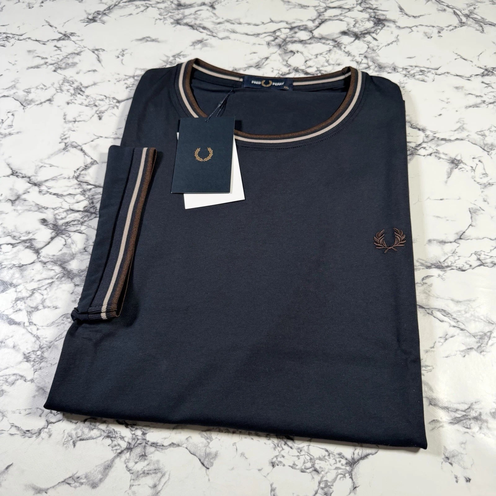 FRED PERRY Mens Navy Blue Twin Tipped T Shirt SIZE 2XL XXL M1588V 52A BNWT