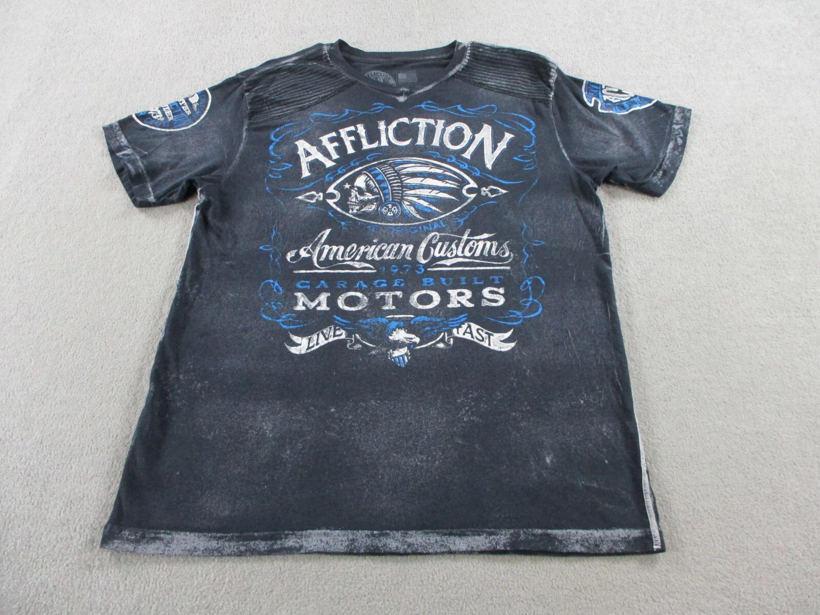 Affliction Shirt Mens XL Blue Indian Chief Skull Y2K Grunge Double Sided Print