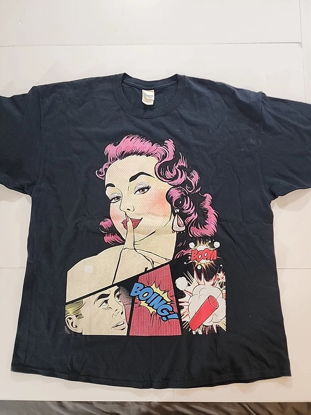 Gildan Ultra Cotton T-Shirt Mens 2XL Black Pop Art Comic Book Girl Graphic Tee