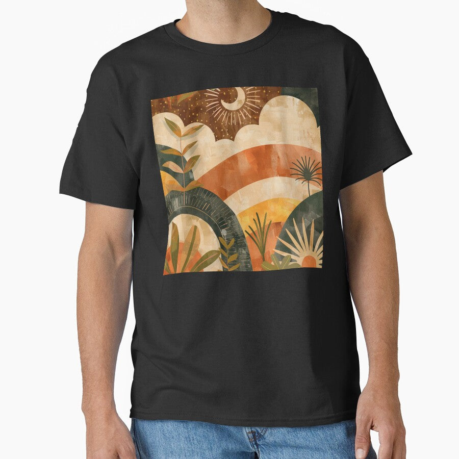 Boho Earthtones, Green, Orange, And Yellow Sunset Landscape by DEC02