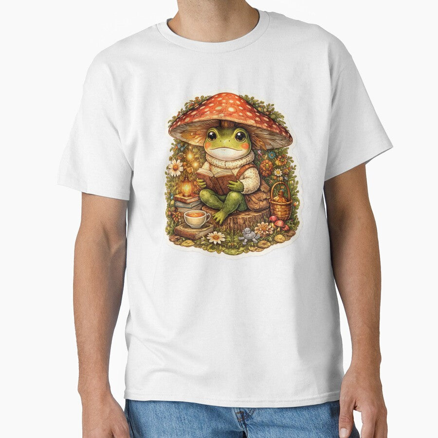 Cozy Cottagecore Frog Reading Book Under Mushroom - Cute Frog Sticker by FluffiPopo