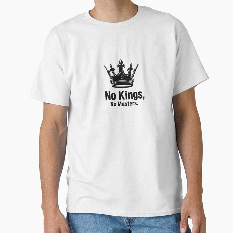 Minimalist black and white graphic with a crossed-out crown and bold rebellious text reading No Kings, No Masters in strong lettering by ArtPetrenko90