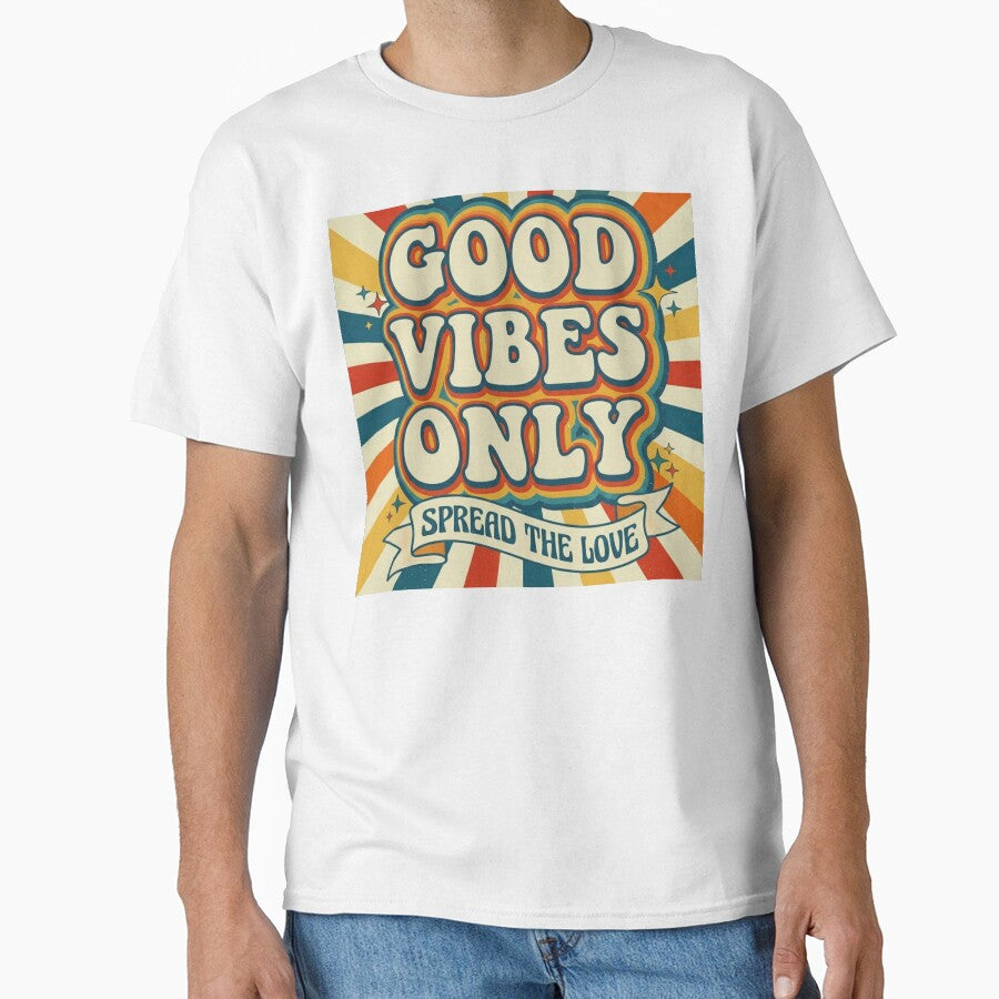 Good Vibes Only: Retro 70s Style Inspirational Graphic Tee by MerchlyMike