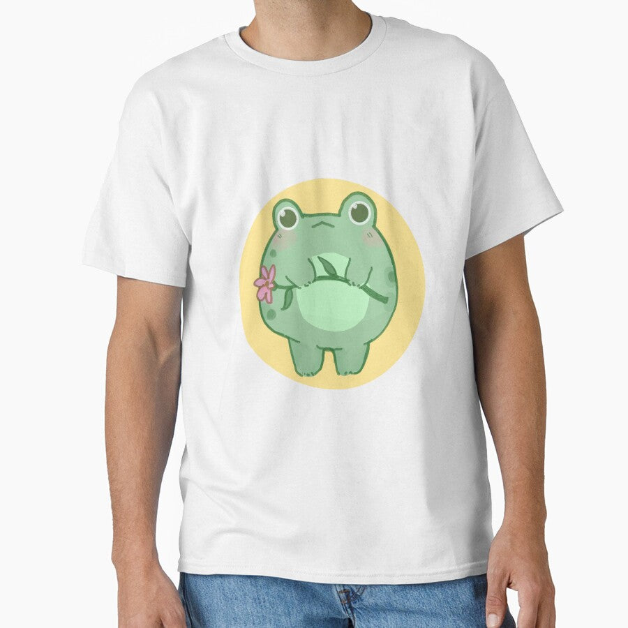 Cute Frog Holding Flower With Yellow Background by SolarClover