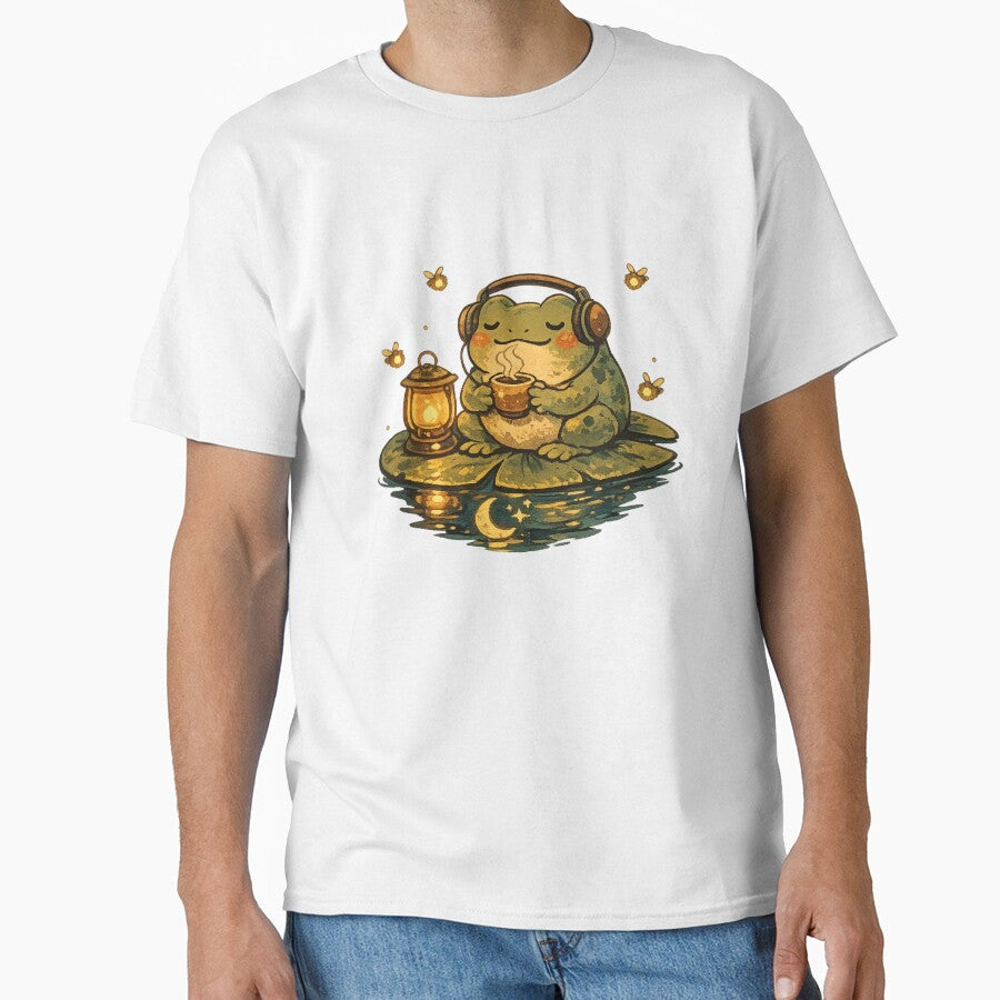 Lofi Frog Sipping Tea at Night – Cute Vintage Cottagecore Aesthetic Art | Frog Lover Gift by irfanshikh