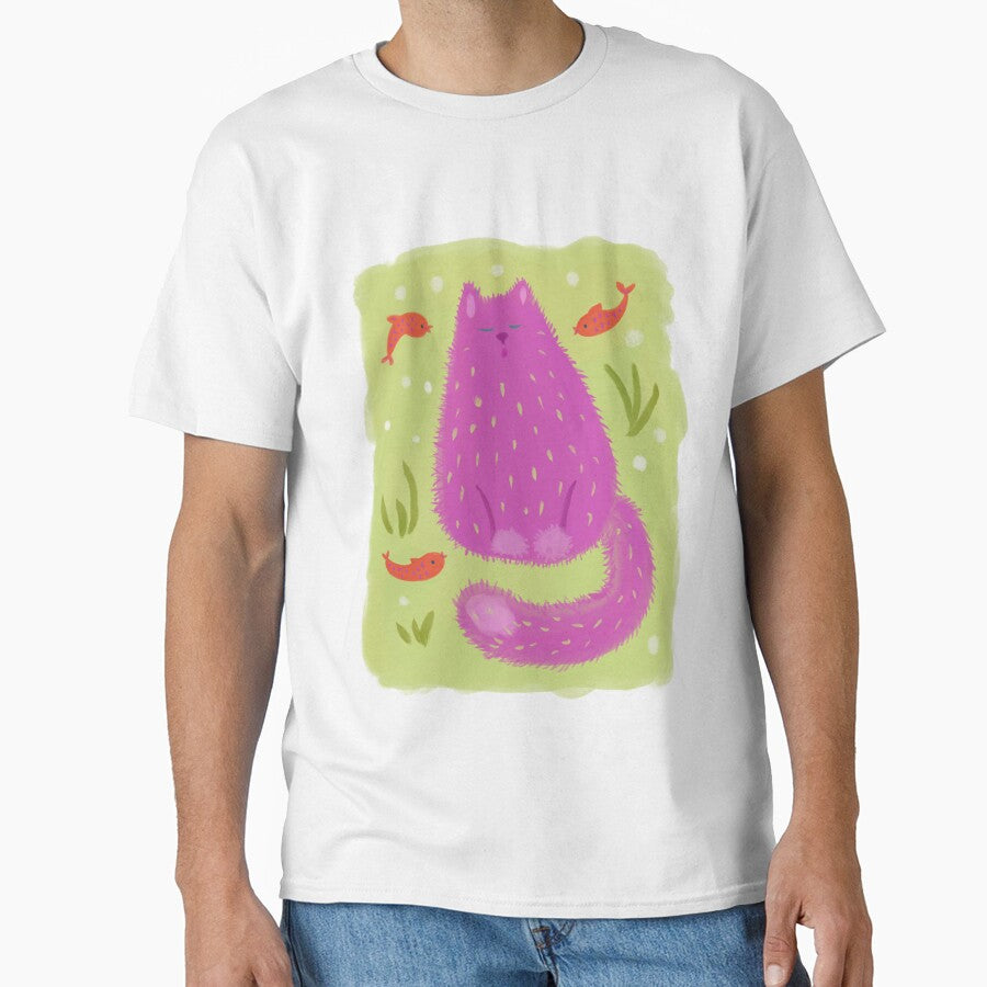 Purple Cat and Red Fishs – Abstract Painting on Green Background by jsapro