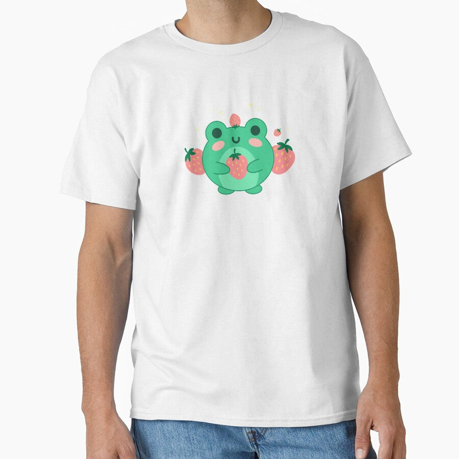 Cute Kawaii Frog in Strawberry Hat: Chubby Anime Toad Retro Japanese Aesthetics and Edgy Kidcore Art in 90s Neon Green by MinistryOfFrogs