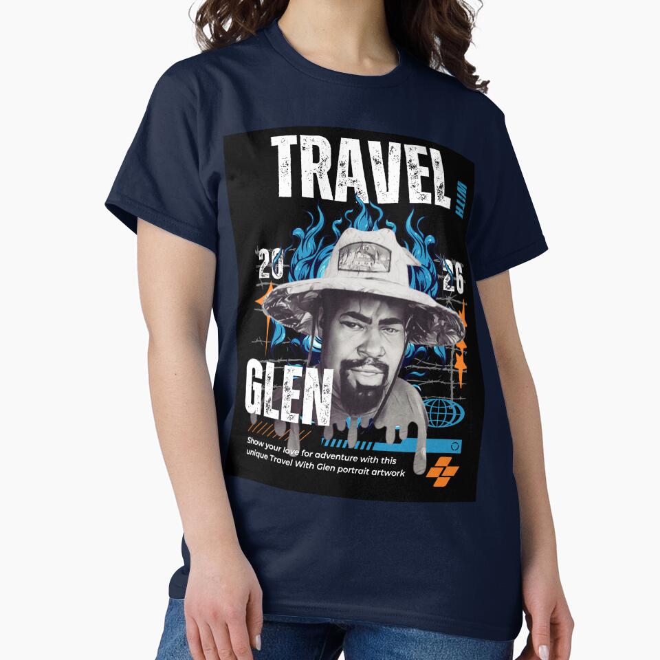 Travel With Glen V3 Blue bk-bg – Signature Travel Portrait Art | Adventure, Explorer & World Traveler Design by buycostarica