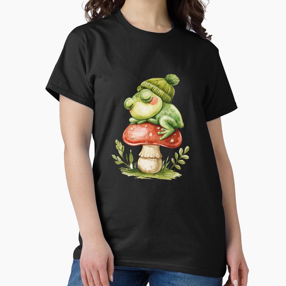 Cozy Sleepy Frog on Mushroom Cottagecore Design by VikArt7