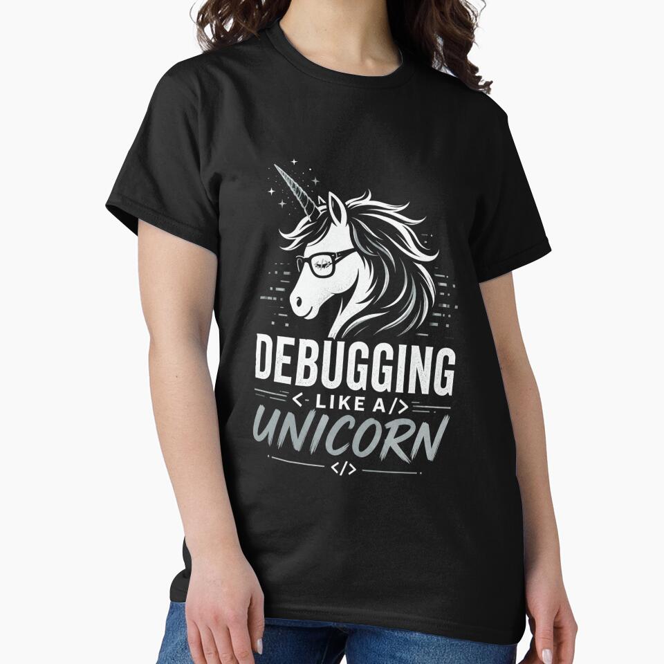 Debugging Like a Unicorn – Developer Humor White by CtrlAltLaugh