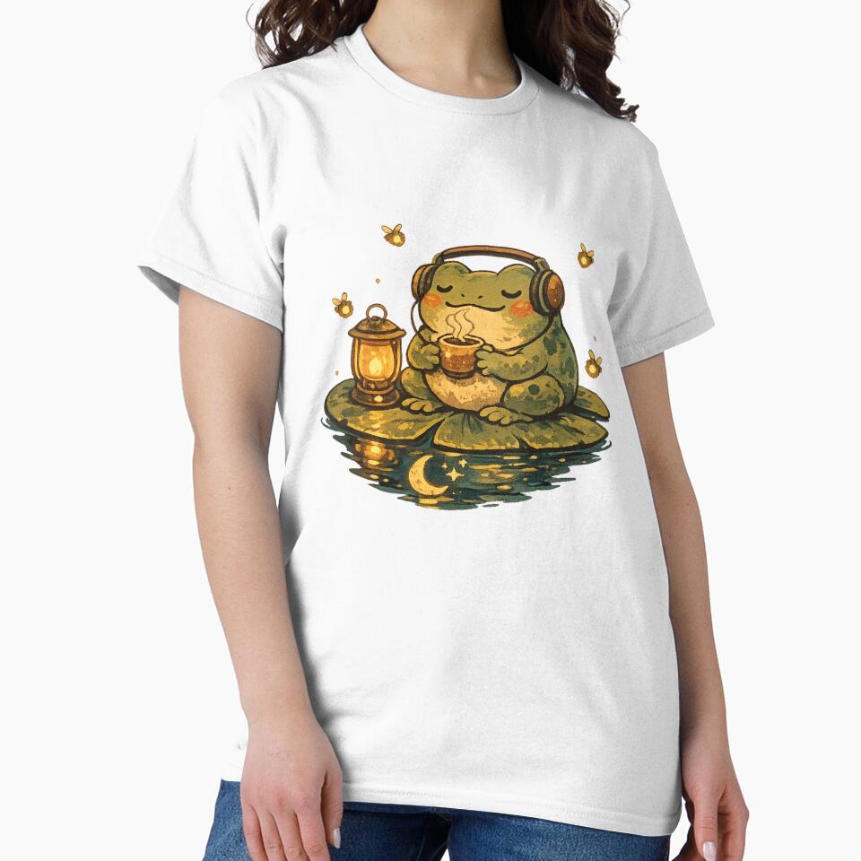 Lofi Frog Sipping Tea at Night – Cute Vintage Cottagecore Aesthetic Art | Frog Lover Gift by irfanshikh