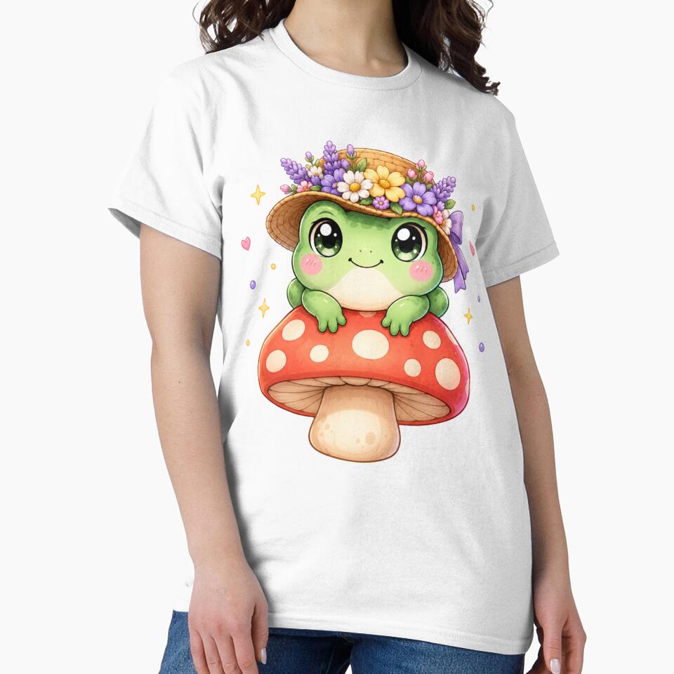 Frog on Mushroom Floral Hat | Kawaii Cottagecore Spring Art by Dulxoz