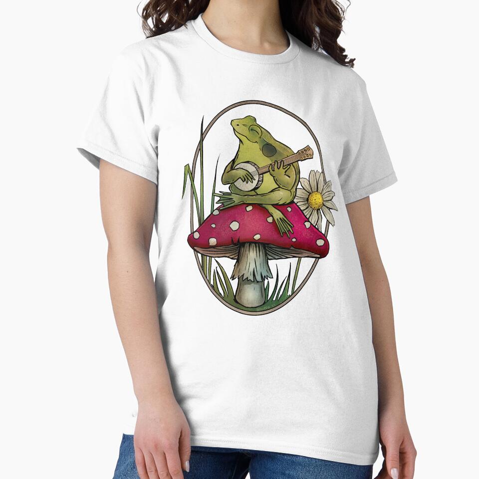 Cottagecore Aesthetic Cute Kawaii Frog Playing Banjo on Mushroom by JinxWhaleDesign