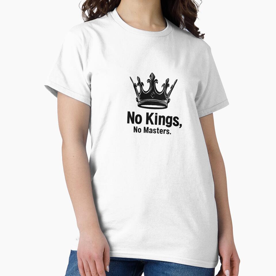 Minimalist black and white graphic with a crossed-out crown and bold rebellious text reading No Kings, No Masters in strong lettering by ArtPetrenko90