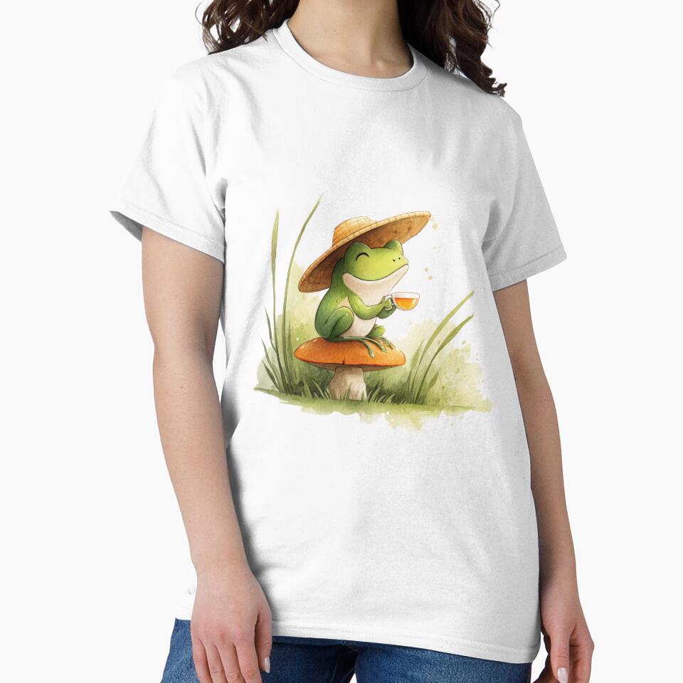 Kawaii Frog Sipping Tea in Straw Hat — Woodland Mushroom Aesthetic by VikArt7