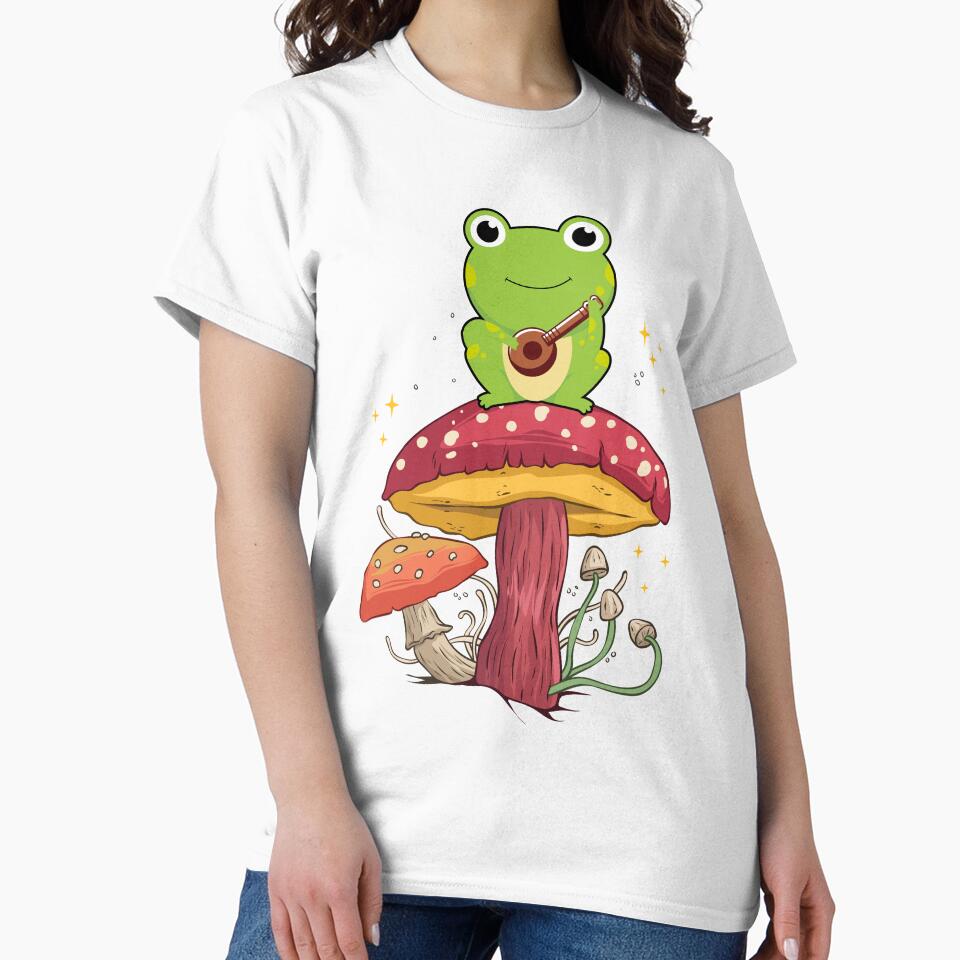 Cottagecore Aesthetic Frog Playing Banjo On Mushroom Cute by EIMgraphic