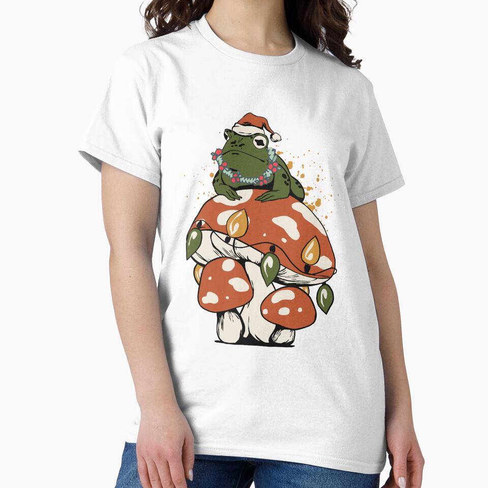 Cottagecore Aesthetic Frog On Mushroom Wearing Christmas Hat by TDesignFactory